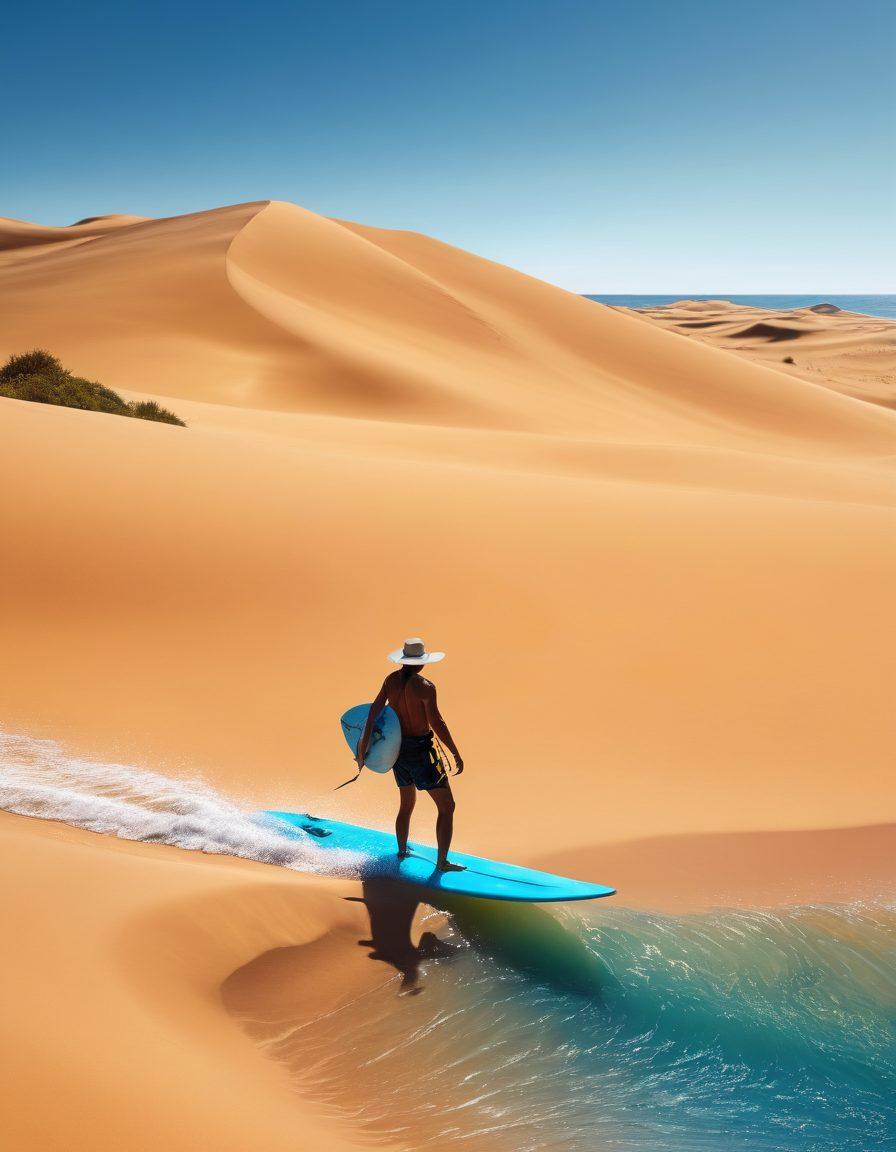 A stunning split-scene illustration: on one side, a surfer gliding on vibrant blue ocean waves, wearing stylish swim attire and sun protection accessories; on the other side, a desert adventurer with flowing lightweight clothing, sunglasses, and a wide-brimmed hat, surrounded by golden sand dunes. Bright colors emphasizing the contrast between water and sand, with a picturesque sunset in the background. super-realistic. vibrant colors. 3D.