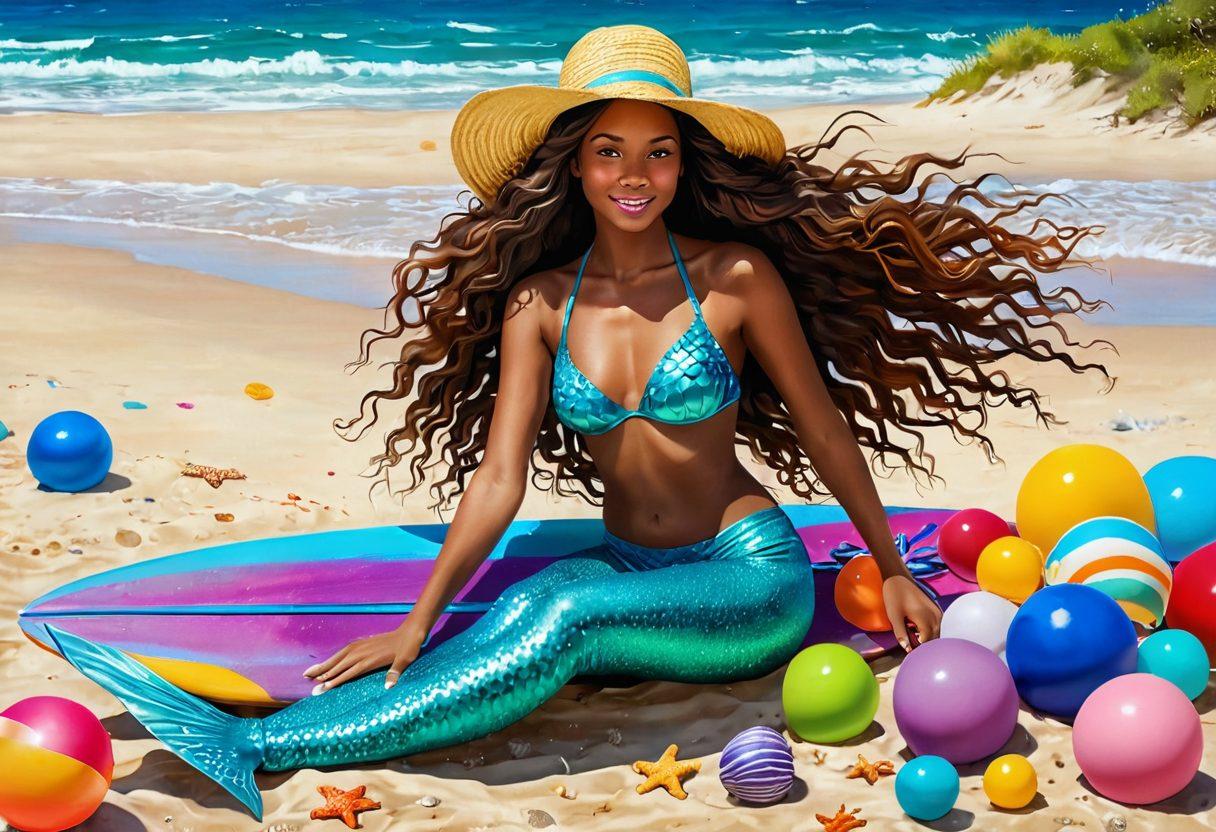 A whimsical blend of a mermaid lounging on a sandy beach, surrounded by vibrant beach and desert sports attire, showcasing colorful swimsuits, sun hats, and sports gear. The background features a shimmering ocean and rolling sand dunes, evoking a sense of adventure and freedom. The mermaid has flowing hair, adorned with seashells. Magical sparkles emanate from her tail as she playfully interacts with surfboards and beach balls. vivid colors. fantasy art. whimsical style.