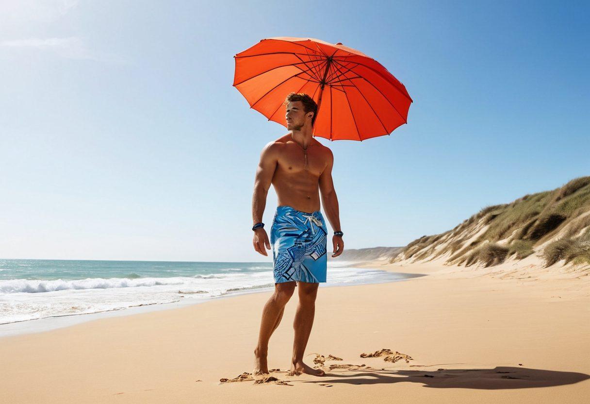 A vibrant scene showcasing a modern athlete on a sandy beach, wearing stylish beach sportswear with bold patterns and colors. In the background, rolling sand dunes and crashing waves convey an active lifestyle ambiance. Include accessories like a surfboard and a colorful beach umbrella. The sky is bright blue, adding to the energetic vibe. super-realistic. vibrant colors. white background.